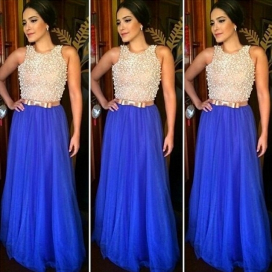 Gorgeous Prom Dress -Royal Blue A-line O-Neck with Beaded - Click Image to Close