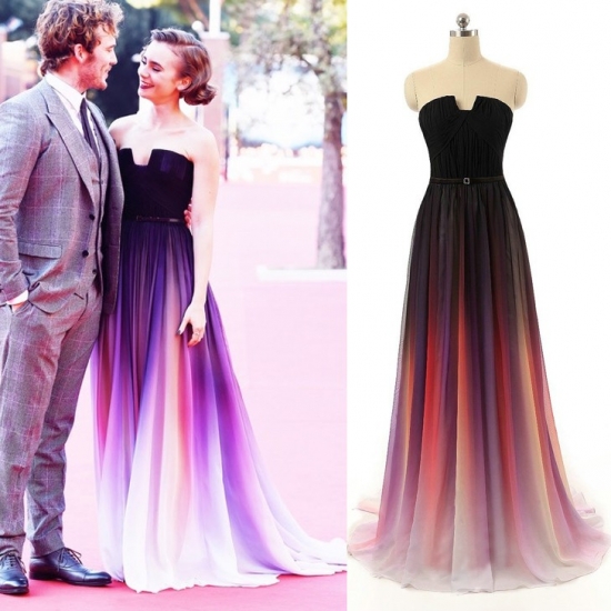 Elegant Floor Length Prom/Evening Dress - Purple Gradient A-Line with Sash - Click Image to Close