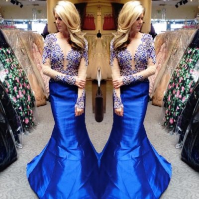 Hot Sell Long Mermaid Prom Dress - Royal Blue Low Cut with Appliques