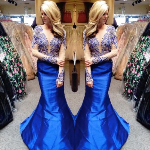 Hot Sell Long Mermaid Prom Dress - Royal Blue Low Cut with Appliques