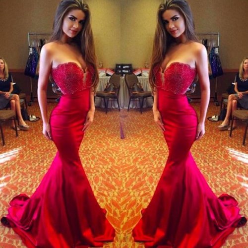 New Arrival Prom Dress -Red Mermaid V-Neck Sleeveless with Beaded