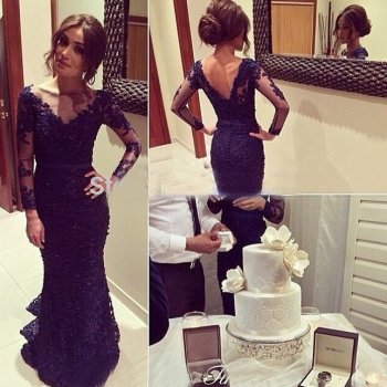 Hot Sell Mermaid/Trumpet Prom Dress - Dark Navy Lace Backless with Long Sleeve