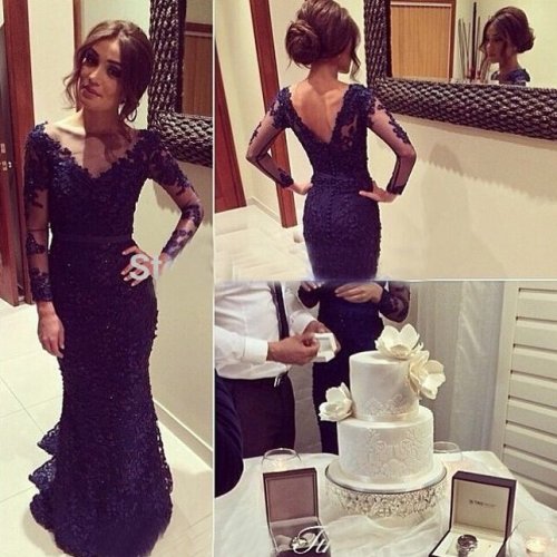Hot Sell Mermaid/Trumpet Prom Dress - Dark Navy Lace Backless with Long Sleeve