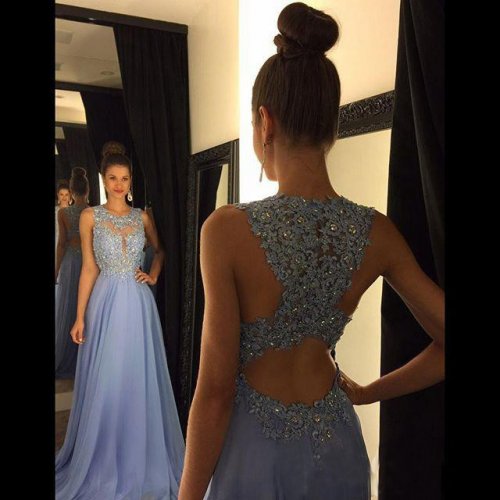 Stunning Floor Length Prom Dress - Crew Neck with Appliques