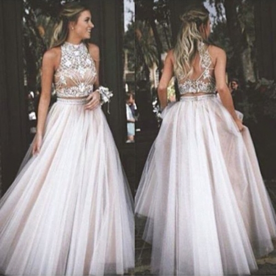 Two Piece High Neck Open Back Light Pink Tulle Prom Dress with Rhinestones - Click Image to Close