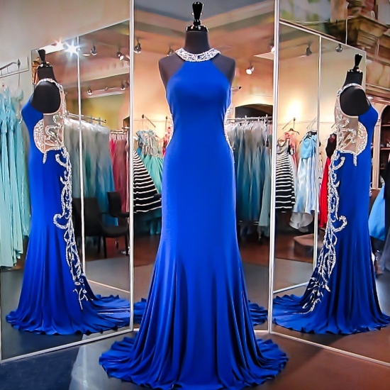 Luxurious Long Prom Dress - Royal Blue Sheath Halter with Beaded - Click Image to Close