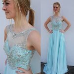 Elegant Floor Length Prom Party Dress - Blue Scoop Backless Tops with Beaded