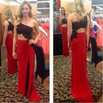 Sexy One Shoulder Black Appliques Long Red Prom Dress With Split