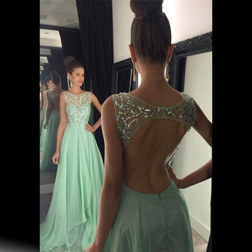 Modern Scoop Beading A-line Long Mint Prom Dress Backless