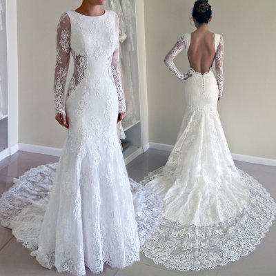Elegant Jewel Long Sleeves Sweep Train Mermaid Lace Wedding Dress