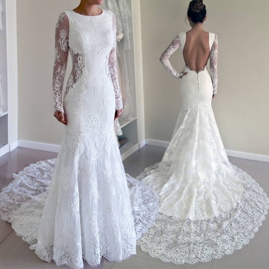 Elegant Jewel Long Sleeves Sweep Train Mermaid Lace Wedding Dress - Click Image to Close