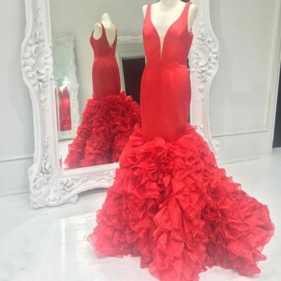 Honorable V Neck Red Mermaid Sleeveless Backless Gown Dress