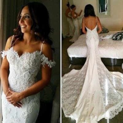 Elegant Spaghetti Straps Mermaid Wedding Dress Bridal Gown with Appliques