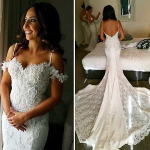 Elegant Spaghetti Straps Mermaid Wedding Dress Bridal Gown with Appliques