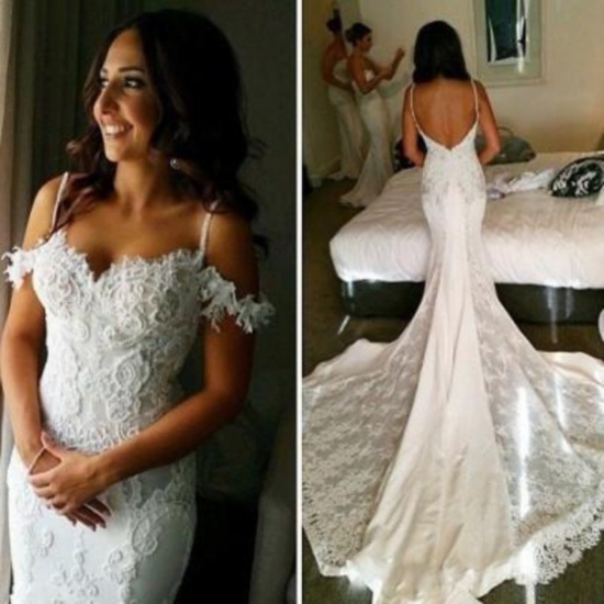 Elegant Spaghetti Straps Mermaid Wedding Dress Bridal Gown with Appliques - Click Image to Close