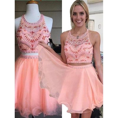 Saucy Two-piece Crew Pink Homecoming Dresses with Rhinestones Pearls