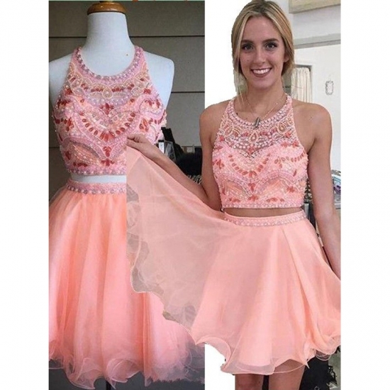 Saucy Two-piece Crew Pink Homecoming Dresses with Rhinestones Pearls - Click Image to Close