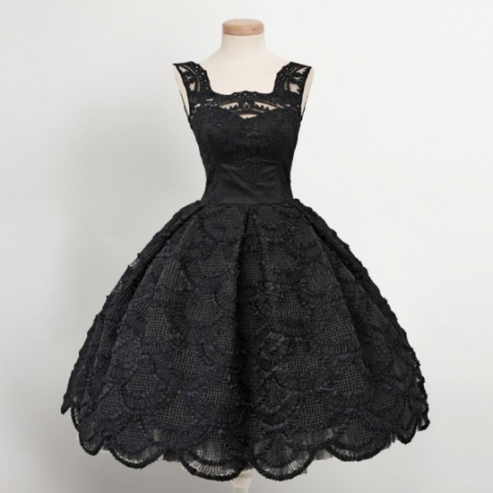 Vintage Ball Gown Square Knee-Length Black Lace Homecoming Dresses - Click Image to Close