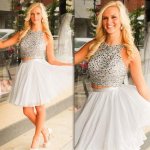 Sexy Two Piece Short Illusion Back Silver Homecoming Dresses Beaded