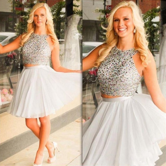 Sexy Two Piece Short Illusion Back Silver Homecoming Dresses Beaded - Click Image to Close