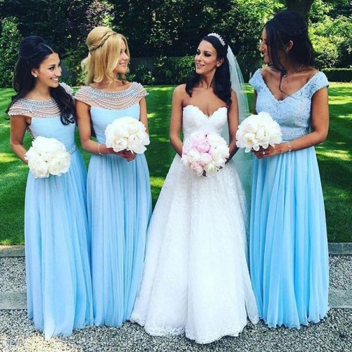 Stylish Bateau Floor-Length Blue Bridesmaid Dress with Pearls