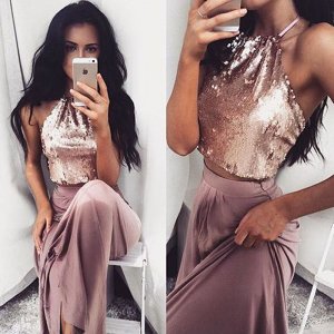 Hot Sale Two Piece Halter Floor-Length Mauve Taffeta Homecoming Dress with Sequins