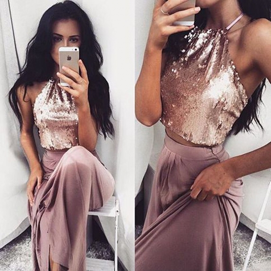 Hot Sale Two Piece Halter Floor-Length Mauve Taffeta Homecoming Dress with Sequins - Click Image to Close