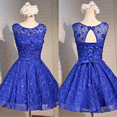 Short Royal Blue Open Back Homecoming Dress with Handmade Flowers Pearls