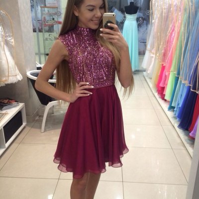 Stylish High Neck Sleeveless Short Wine Chiffon Homecoming Dress with Beading