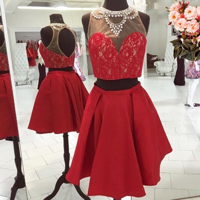 Sexy Cheap 2 Piece Red Homecoming Dress with Beading Lace Under 100
