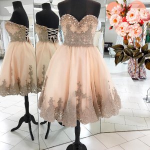 Cheap Peach Homecoming Dress with Appliques Beading Sweetheart Mid-Calf