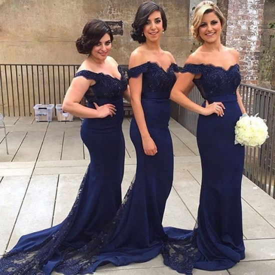 Mermaid Off-the-Shoulder Long Navy Blue Elastic Satin Bridesmaid Dress with Lace - Click Image to Close