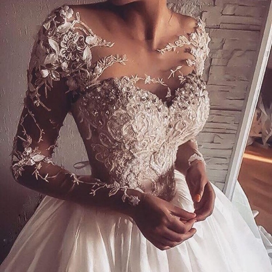Dramatic A-Line Scoop Long Sleeves Floor-Length Wedding Dress with Appliques - Click Image to Close