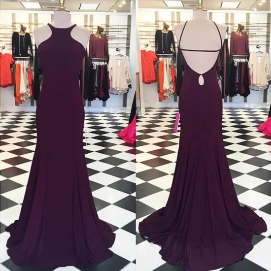 Sexy Grape Prom Dress - Jewel Sleevelesss Backless with Sweep Train - Click Image to Close
