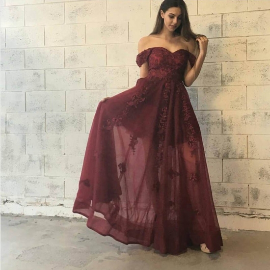 Stylish Burgundy Prom Dress - Off-the-Shoulder Floor-Length with Lace Appliques - Click Image to Close