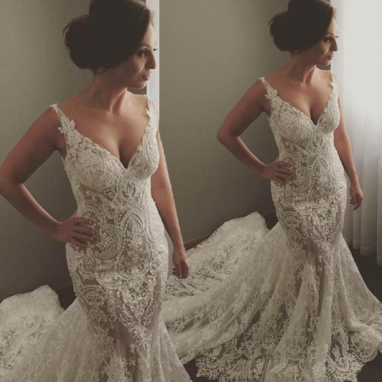 Elegant Mermaid Wedding Dress - Lace V-neck Sleeveless Court Train - Click Image to Close