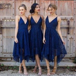 A-Line Spaghetti Straps Navy Blue Lace Asymmetrical Prom Bridesmaid Dress