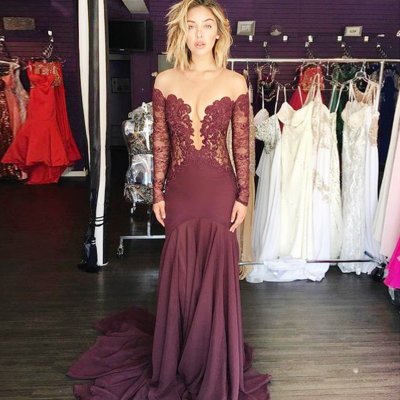 Sheath Grape Illuion Jewel Long Sleeves Court Train Prom Dress with Lace