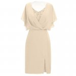 Sheath Scoop Short Sleeves Beige Mother of The Bride Dress with Beading Split