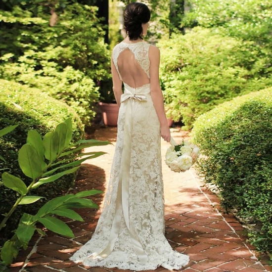 Sheath Scoop Sweep Train Open Back Lace Wedding Dress with Sash - Click Image to Close