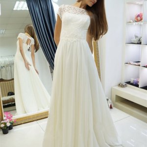 A-Line Bateau Open Back Cap Sleeves Sweep Train Wedding Dress with Lace