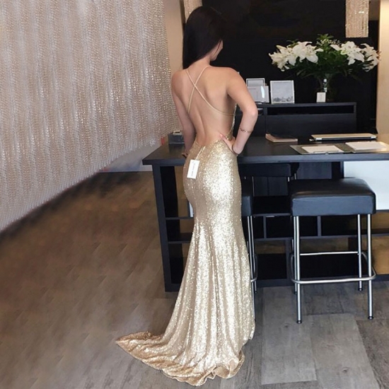 Mermaid Style Sequined Prom Dress - Backless V-neck Sweep Train Gold - Click Image to Close