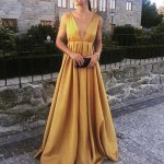 A-line Deep V-Neck Empire Gold Satin Prom Dress with Pleats