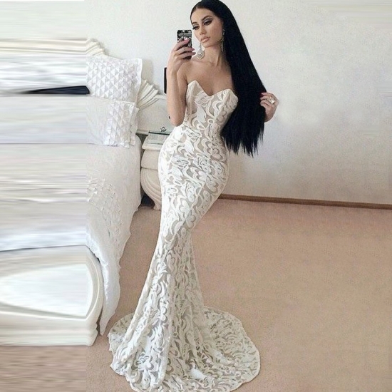 Mermaid Style Sweetheart Sweep Train White Lace Prom Dress - Click Image to Close