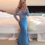 Mermaid Long Sleeves Illusion Back Sky Blue Lace Prom Dress with Beading Appliques