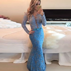 Mermaid Long Sleeves Illusion Back Sky Blue Lace Prom Dress with Beading Appliques