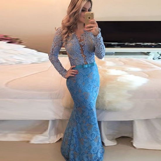Mermaid Long Sleeves Illusion Back Sky Blue Lace Prom Dress with Beading Appliques - Click Image to Close