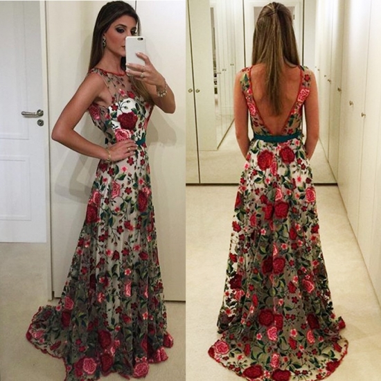 A-Line Bateau Backless Sweep Train Floral Lace Prom Dress with Sash - Click Image to Close