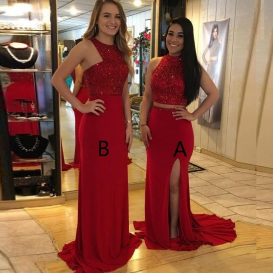 Two Piece High Neck Open Back Red Spandex Prom Dress with Beading Split - Click Image to Close