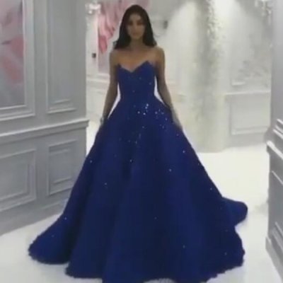 Ball Gown Sweetheart Court Train Royal Blue Satin Prom Dress with Beading